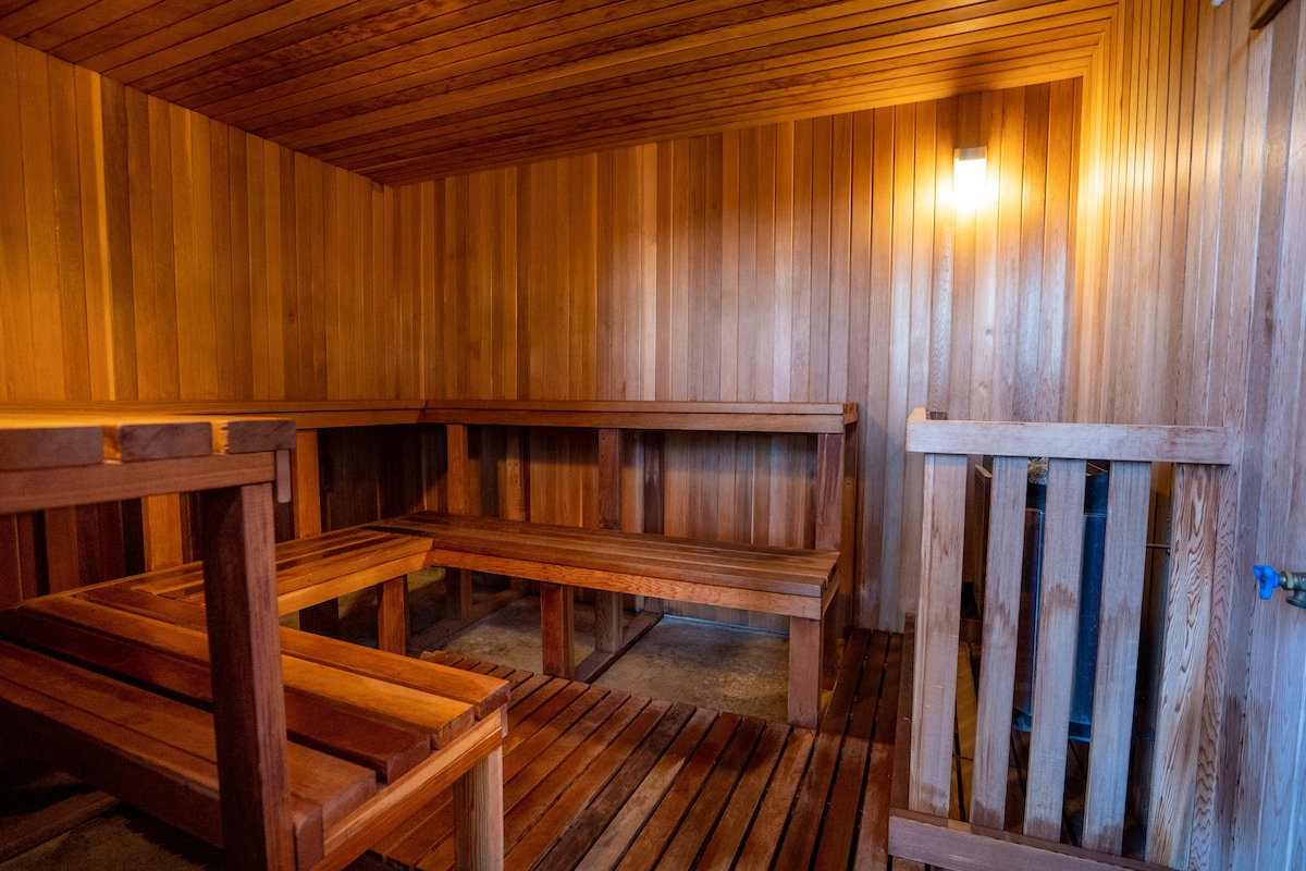 Finnish sauna interior with cedar benches