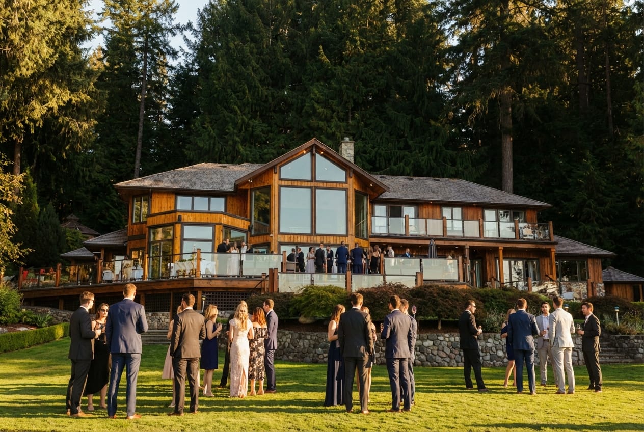 Ceremony on the lakeside lawn at Shawnigan Retreats